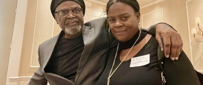 Glynn Simmons of Oklahoma City, the 11th death row exoneree released from incarceration in Oklahoma, standing with his cousin Cecilia Hawthorne at the OK Innocence Project Wrongful Conviction Day dinner on Oct. 2, 2023. Photo by Patrick B. McGuigan